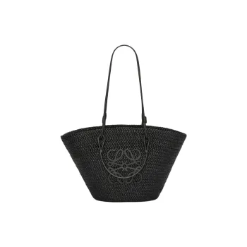 LOEWE Anagram Basket Raffia With Calfskin Handbag, Shoulder Bag Medium Size Women's Black