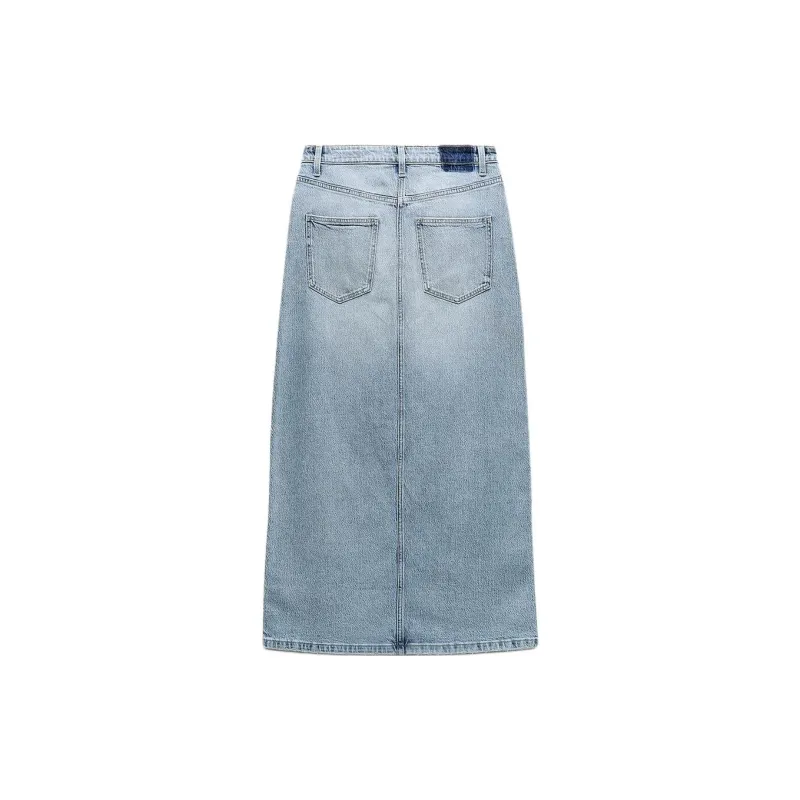 ZARA Denim Long Skirts Women's Light Blue-1