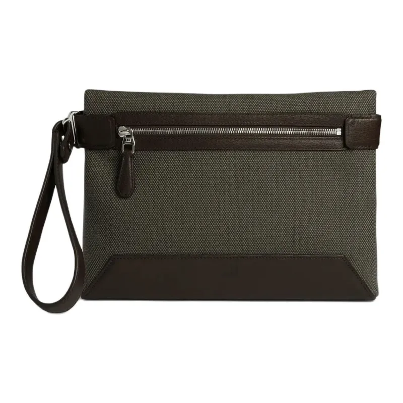 Dunhill Fabric Cow Leather Patchwork Clutch Men's Black Walnut-1