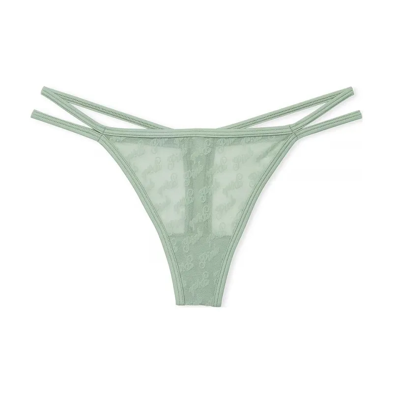 Victoria's Secret PINK LOGO MESH STRAPPY THONG PANTY / ICEBERG GREEN Underpants Women's 1 Pack Iceberg Green-0