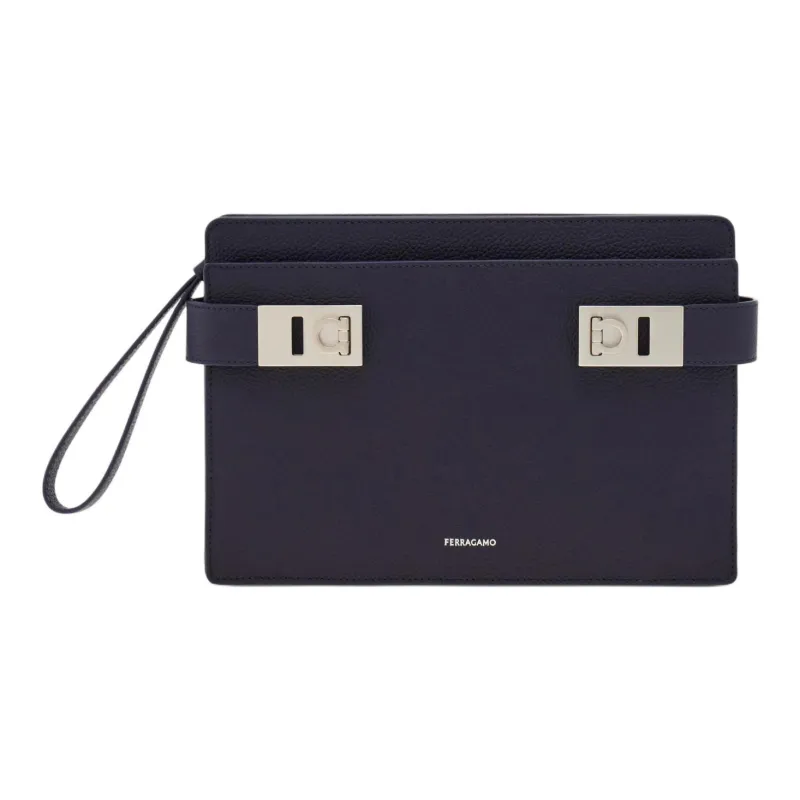 FERRAGAMO Hammered Texture Calfskin Clutch Men's Midnight Blue-0
