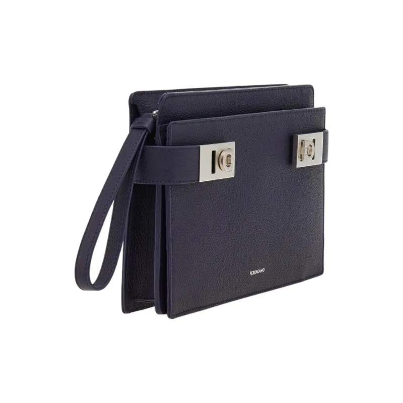 FERRAGAMO Hammered Texture Calfskin Clutch Men's Midnight Blue-1
