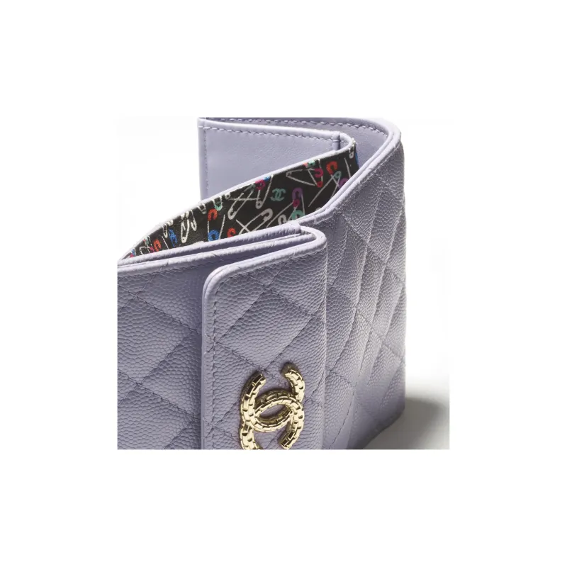 CHANEL Embossed Shiny Calfskin Pocket Wallet Small Size Women's Light Purple-3