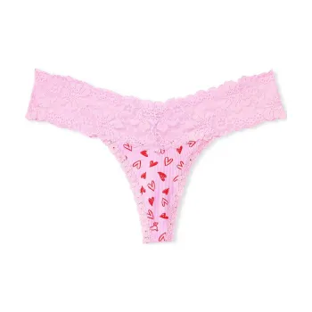 Victoria's Secret PINK WINK LACE TRIM THONG PANTY / Pink Bubble Heart Print Underpants Women's 1 Pack Pink