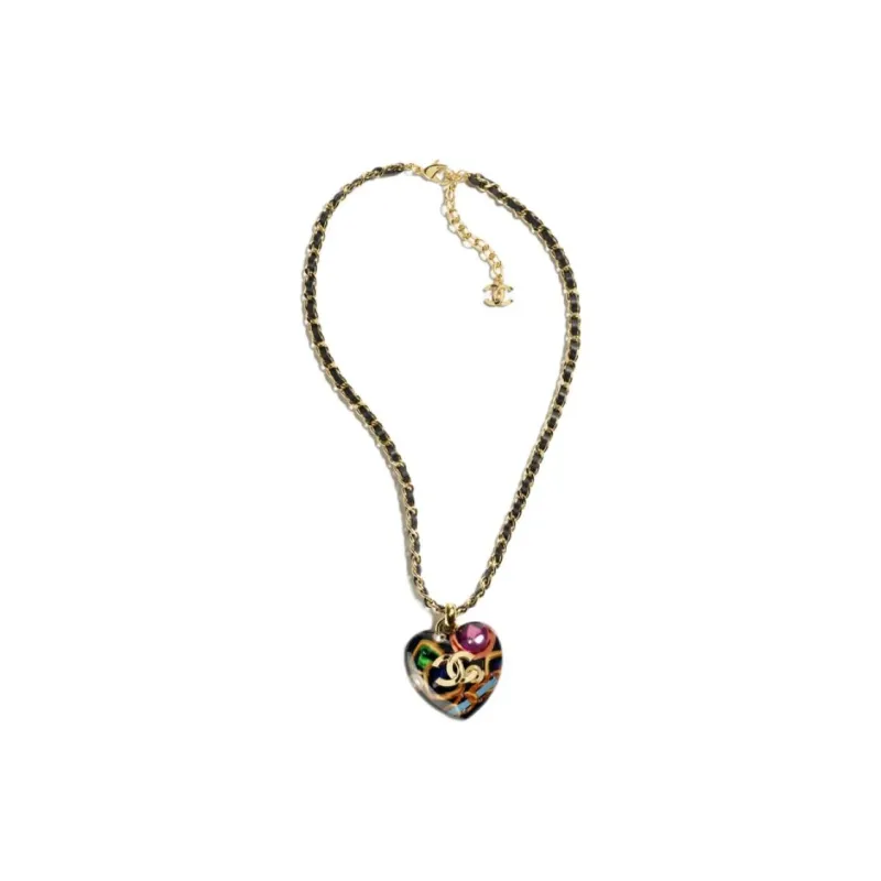 CHANEL Metal Resin Silk Calfskin Rhinestone Necklaces Unisex Black-0
