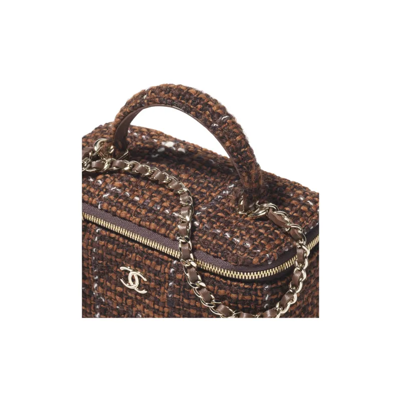 CHANEL Wool Twill Soft Woolen Makeup Bag, Shoulder Bag, Crossbody Bag, Handbag Women's Dark Brown & Brown & White-3