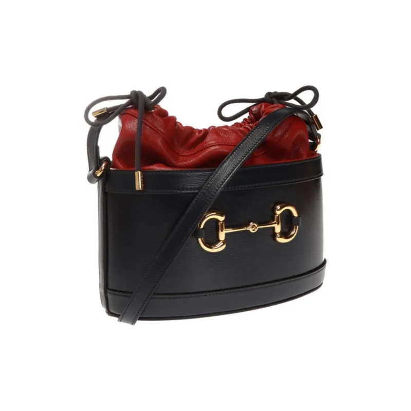 GUCCI Leather Bucket Bag, Shoulder Bag, Crossbody Bag Women's Dark Blue/Red-1