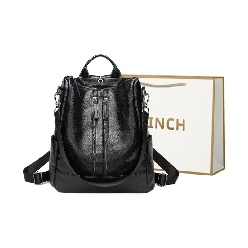 BRINCH PU Backpack Women's Double Zip Caramel/Double Zip Black-1