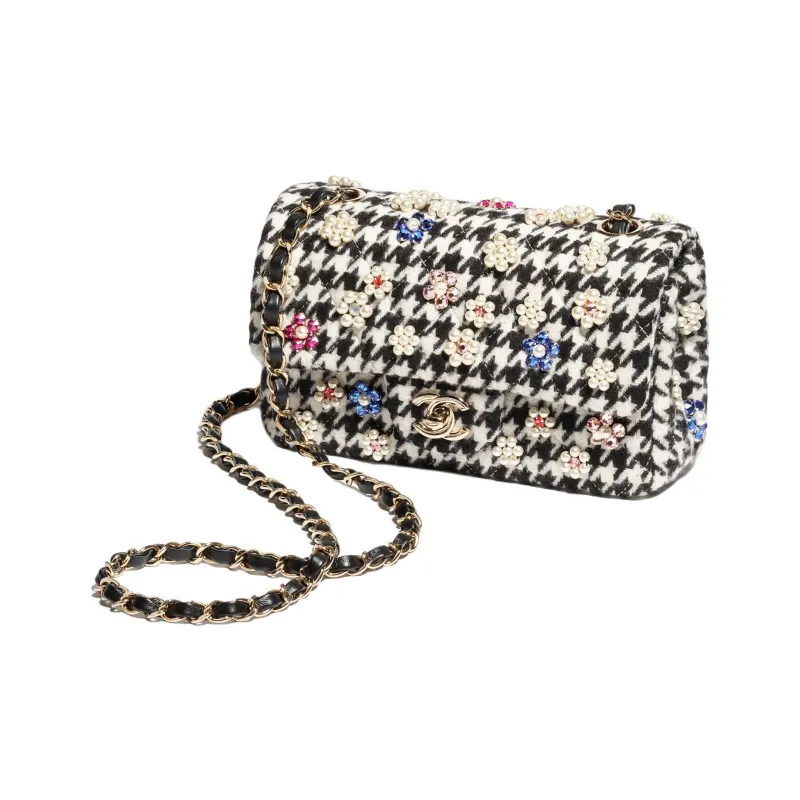 CHANEL Handcrafted Embroidery Soft Woolen With Artificial Pearl Shoulder Bag, Crossbody Bag Mini Women's Black & White-1