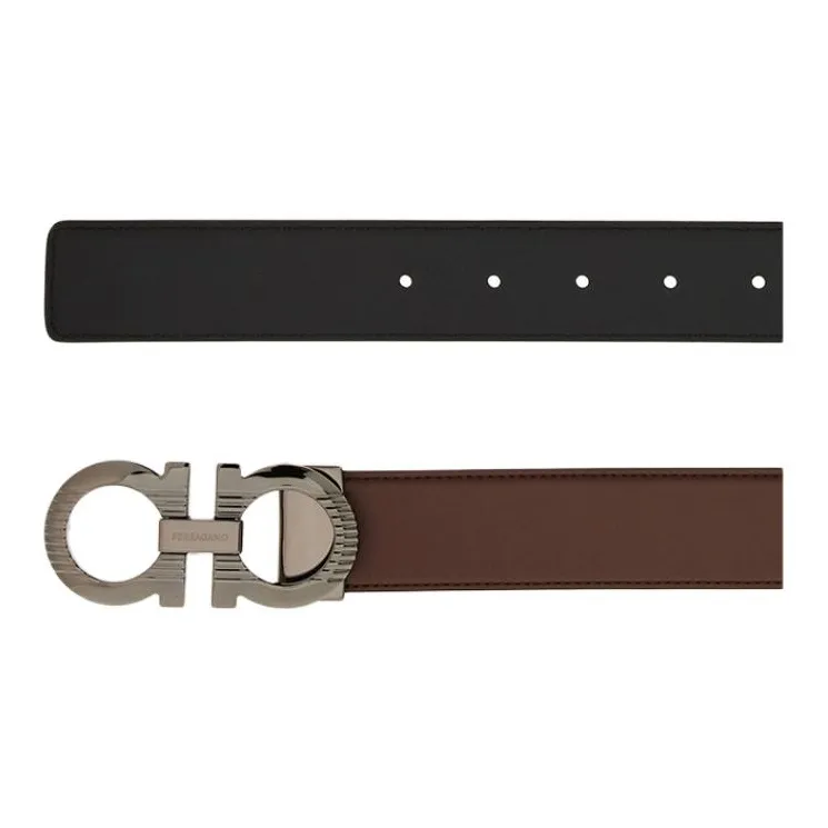 FERRAGAMO Color Blocking Design Leather Belts Men's Brown Width 3.5CM-1