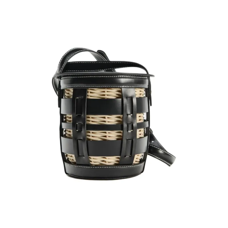 ZARA Polyurethane Rattan Woven Bag Handbag Shoulder Bag Crossbody Bag Medium Size Women's Black-0