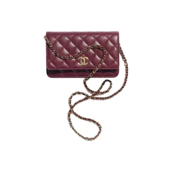 CHANEL Embossed Shiny Calfskin Shoulder Bag Crossbody Bag Wallet Women's Deep Red