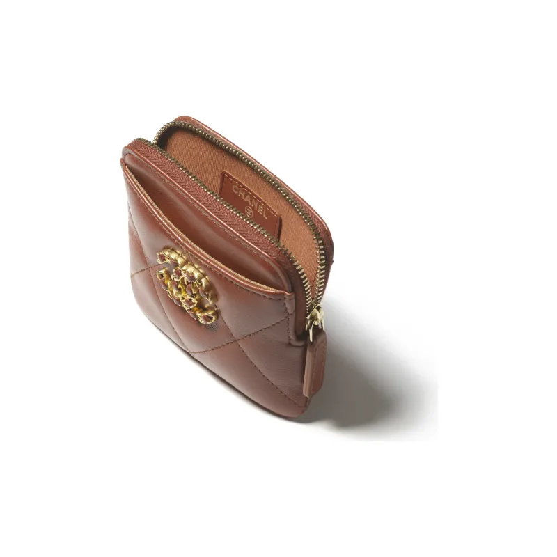 CHANEL 19Bag Bright Lambskin With Metal Accents Coin Purse Women's Brown-2