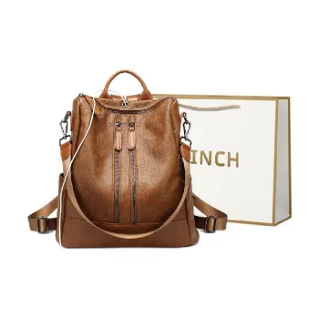 BRINCH PU Backpack Women's Double Zip Caramel/Double Zip Black