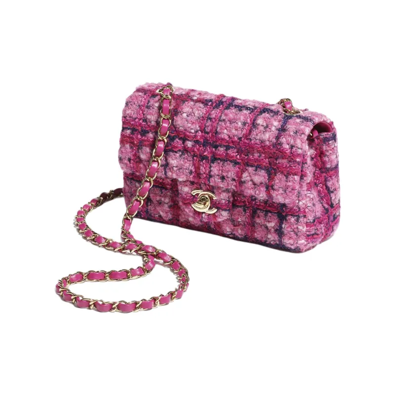 CHANEL Classic Flap CF Cotton Wool Mixed Fiber Shoulder Bag, Crossbody Bag Mini Women's Pink & Peach Pink & Marine Blue-1