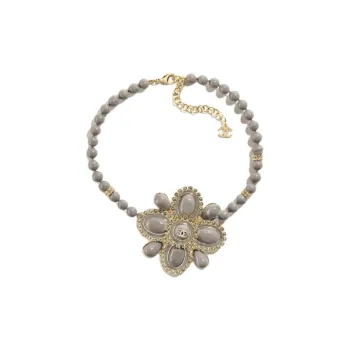 CHANEL Metal Resin Artificial Pearl Rhinestone Crystal Necklaces Unisex Gray