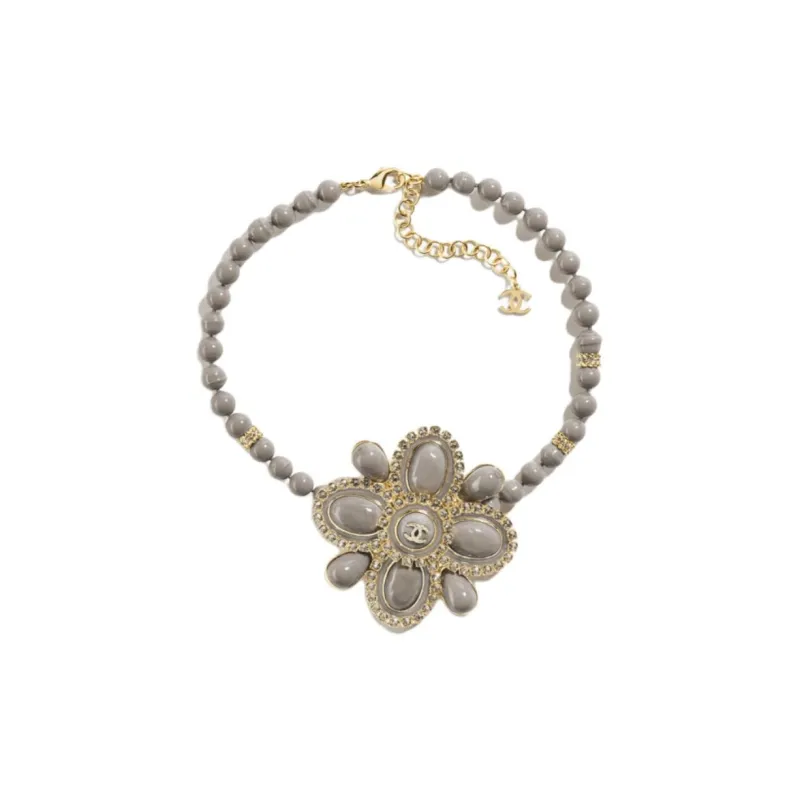 CHANEL Metal Resin Artificial Pearl Rhinestone Crystal Necklaces Unisex Gray-0