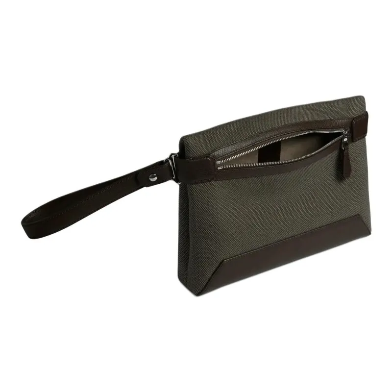 Dunhill Fabric Cow Leather Patchwork Clutch Men's Black Walnut-2