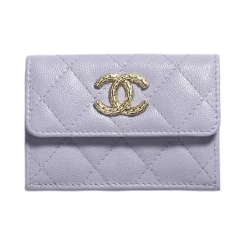 CHANEL Embossed Shiny Calfskin Pocket Wallet Small Size Women's Light Purple