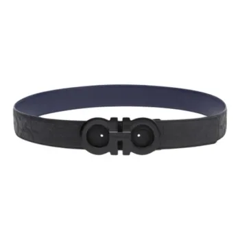 FERRAGAMO Two Tone Design, Smooth Buckle Calfskin Leather Belts Men's Black Width 3.8CM