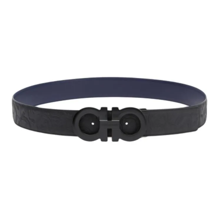 FERRAGAMO Two Tone Design, Smooth Buckle Calfskin Leather Belts Men's Black Width 3.8CM-0