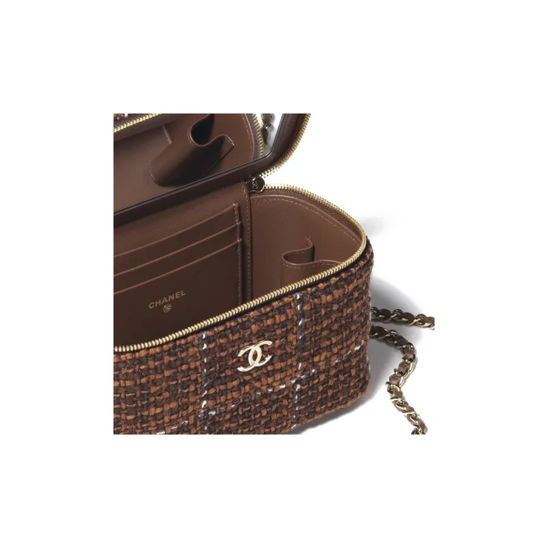 CHANEL Wool Twill Soft Woolen Makeup Bag, Shoulder Bag, Crossbody Bag, Handbag Women's Dark Brown & Brown & White-2