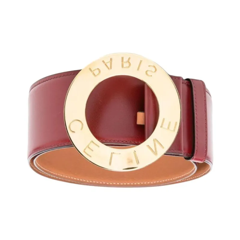 CELINE Logo Carved Buckle Leather Hardware Accessories Leather Belts Women's Burgundy Width 5CM-0