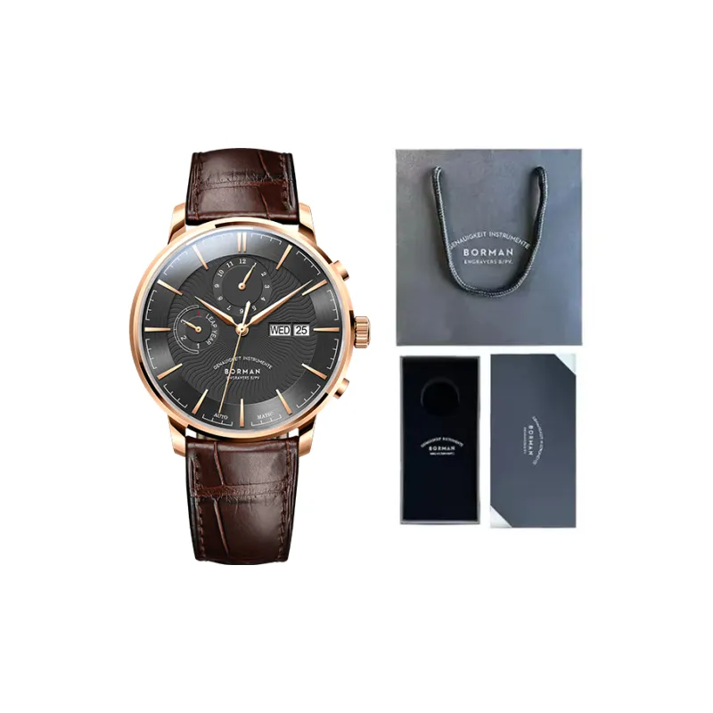 BORMAN Fashion Casual Style Automatic Mechanical Movement Genuine Leather Strap Watch Men's Watches Black Dial-1