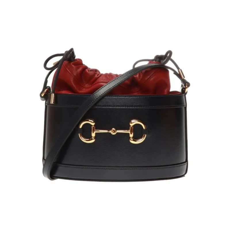 GUCCI Leather Bucket Bag, Shoulder Bag, Crossbody Bag Women's Dark Blue/Red-0