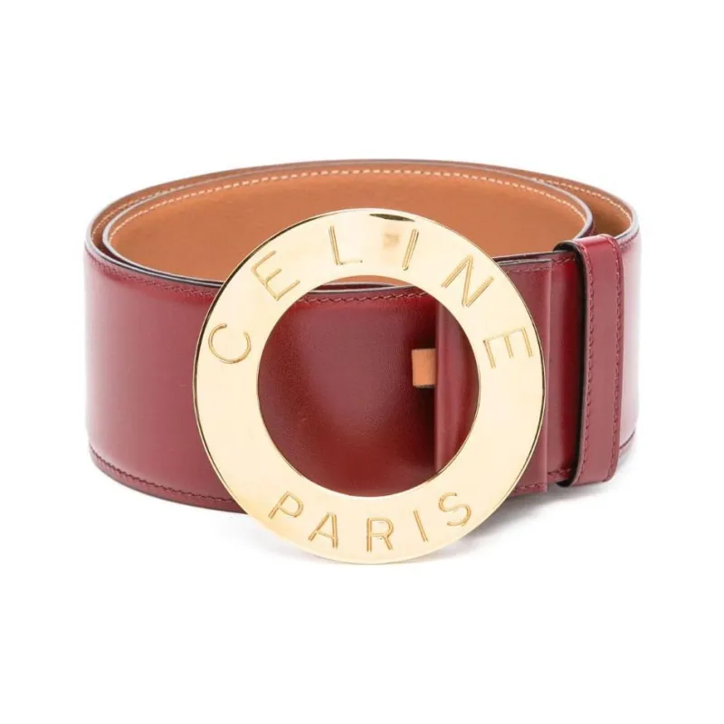 CELINE Logo Carved Buckle Leather Hardware Accessories Leather Belts Women's Burgundy Width 5CM-1