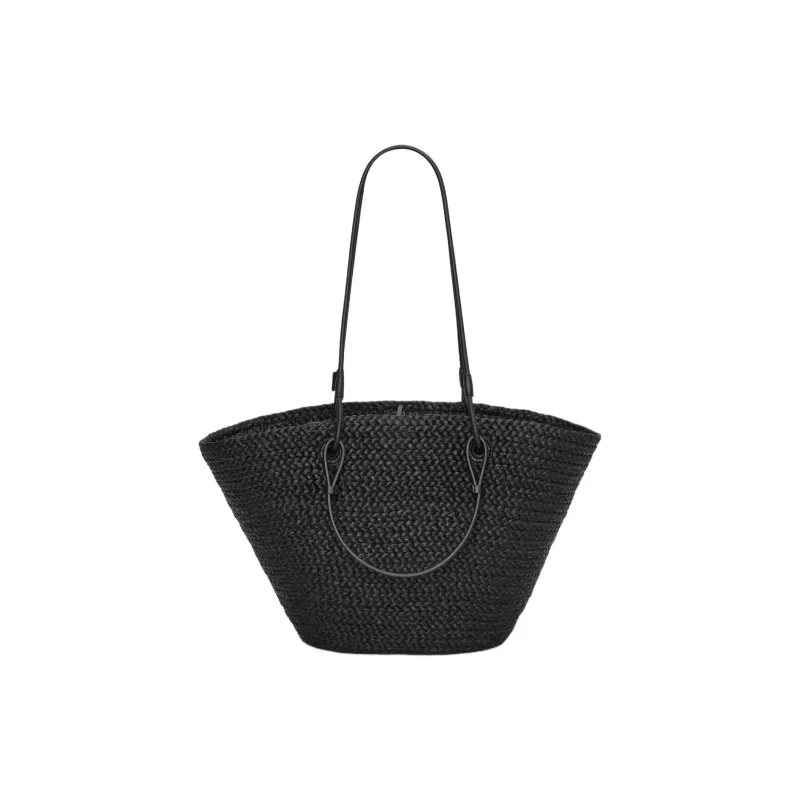 LOEWE Anagram Basket Raffia With Calfskin Handbag, Shoulder Bag Medium Size Women's Black-2