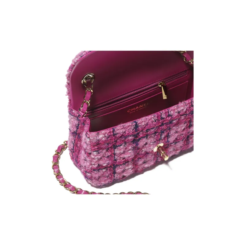 CHANEL Classic Flap CF Cotton Wool Mixed Fiber Shoulder Bag, Crossbody Bag Mini Women's Pink & Peach Pink & Marine Blue-2
