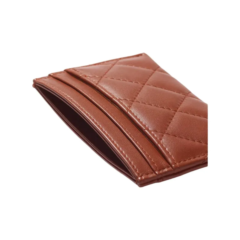 CHANEL Artificial Pearl Rhinestone Lambskin Card Holder Women's Brown-3