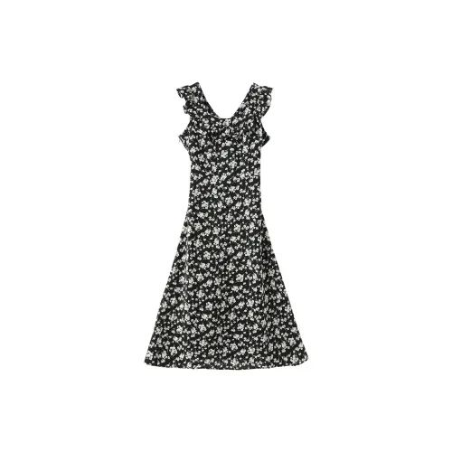 Miss Chipmunk Sleeveless Dresses Women's Black Floral Pattern