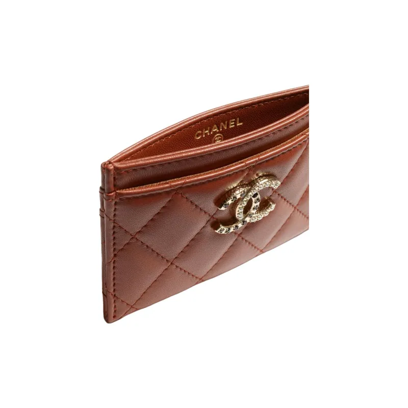 CHANEL Artificial Pearl Rhinestone Lambskin Card Holder Women's Brown-2