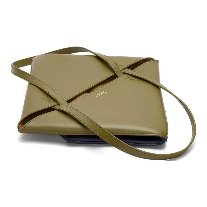 LOEWE Cow Leather Tote Bag, Shopping Bag, Shoulder Bag, Handbag Medium Size Women's Olive & Dark Blue-3