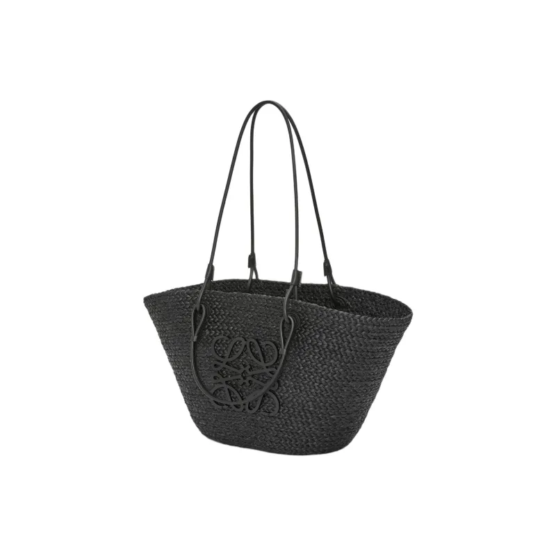 LOEWE Anagram Basket Raffia With Calfskin Handbag, Shoulder Bag Medium Size Women's Black-1