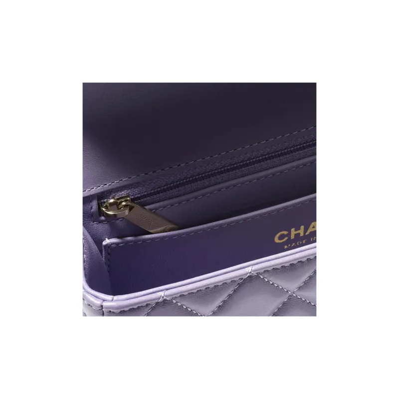 CHANEL Plaid Shiny Lambskin & Rhinestone Metal Controller Shoulder Bag, Crossbody Bag, Handbag Mini Women's Taro Purple-2