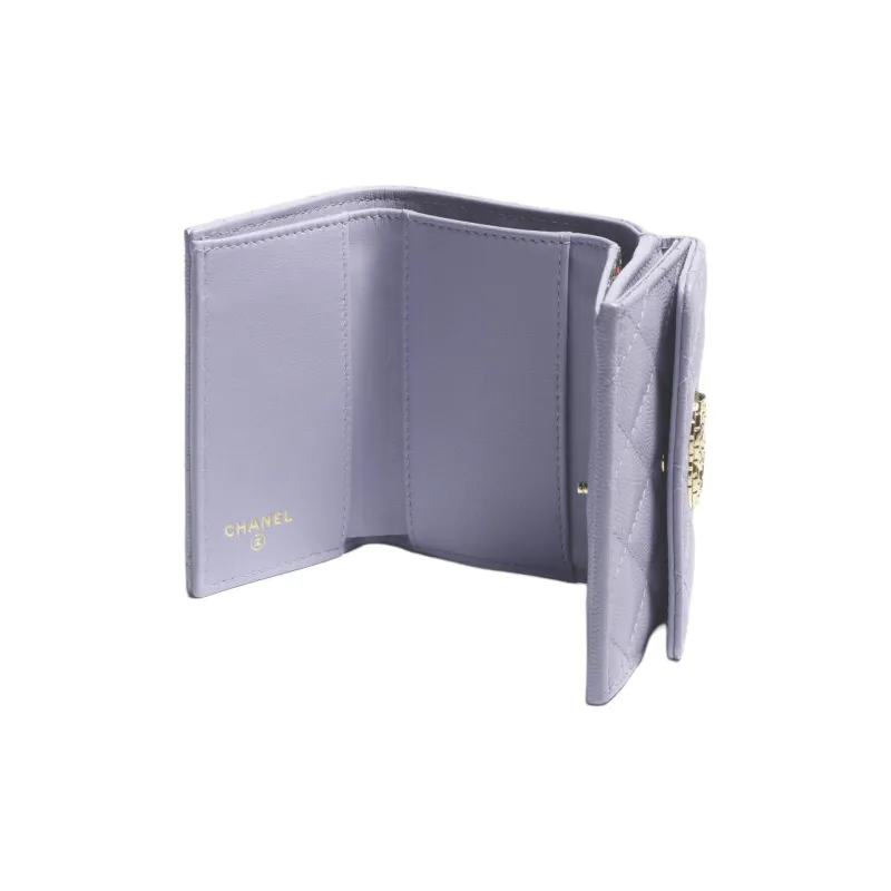 CHANEL Embossed Shiny Calfskin Pocket Wallet Small Size Women's Light Purple-2