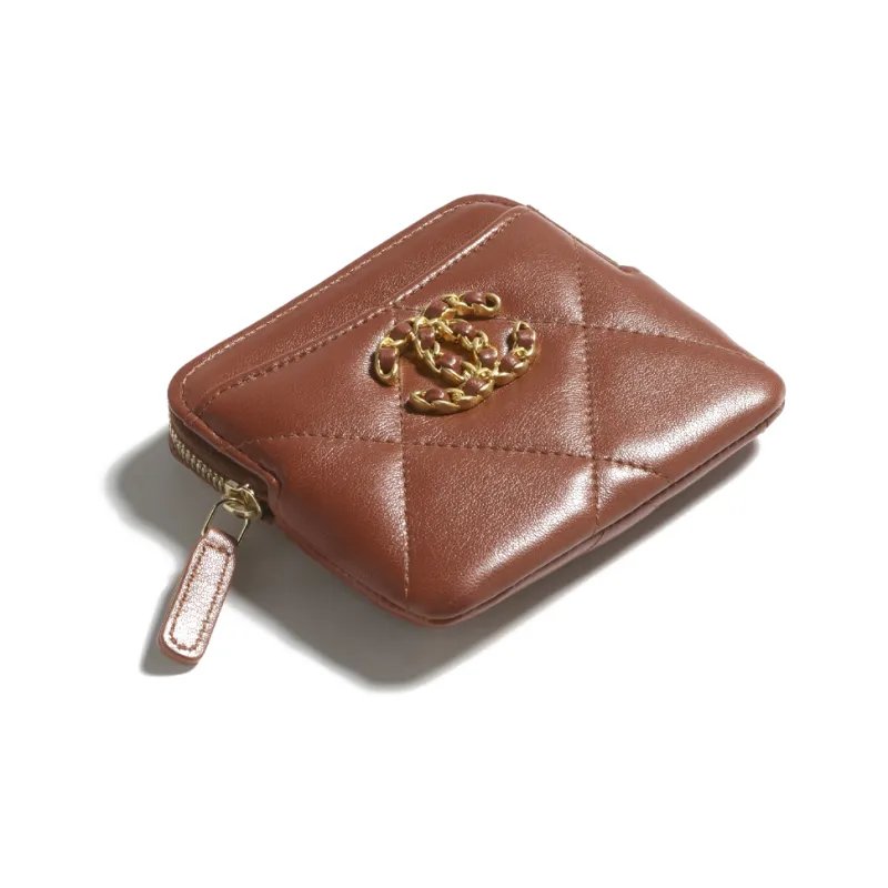 CHANEL 19Bag Bright Lambskin With Metal Accents Coin Purse Women's Brown-1