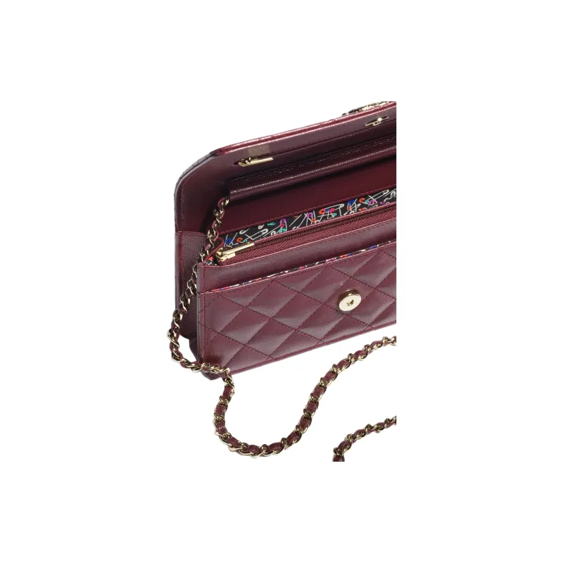 CHANEL Grain Embossed Shiny Calfskin Shoulder Bag, Crossbody Bag, Wallet Women's Dark Red-2