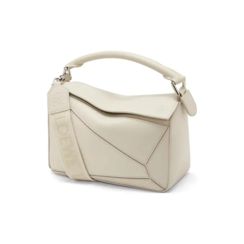 LOEWE Puzzle Satin Cow Leather Handbag, Shoulder Bag, Crossbody Bag Trumpets Women's White-0