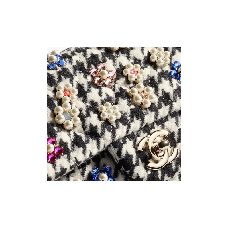 CHANEL Handcrafted Embroidery Soft Woolen With Artificial Pearl Shoulder Bag, Crossbody Bag Mini Women's Black & White-2