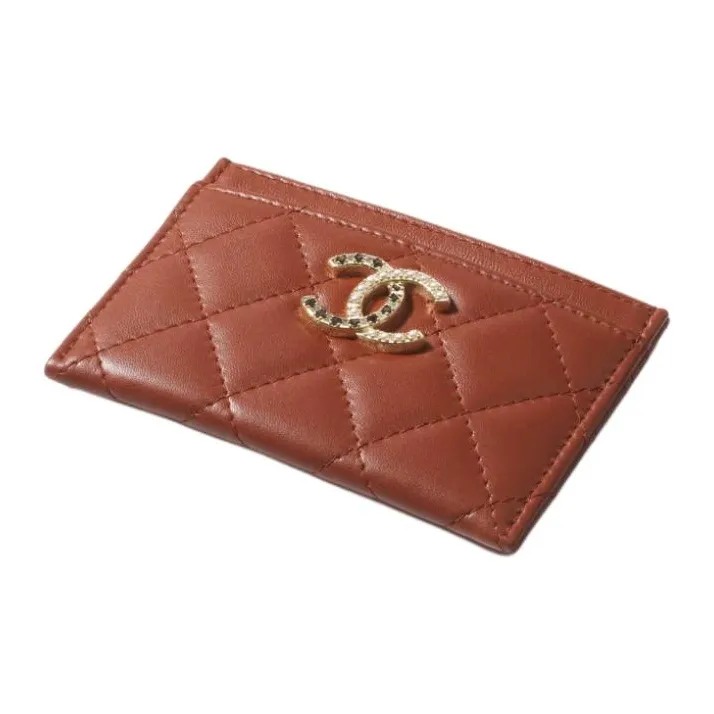 CHANEL Artificial Pearl Rhinestone Lambskin Card Holder Women's Brown-1