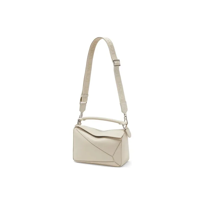 LOEWE Puzzle Satin Cow Leather Handbag, Shoulder Bag, Crossbody Bag Trumpets Women's White-1