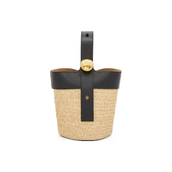 LOEWE Raffia Fiber Cow Leather Patchwork Bucket Bags Shoulder Bag Crossbody Bag Handbag Mini Women's Natural & Black