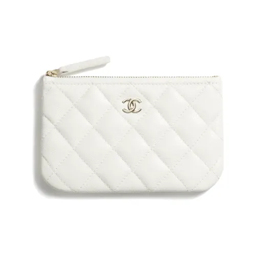 CHANEL Shiny Calfskin With Metal Accents Clutch Small Size Women's White