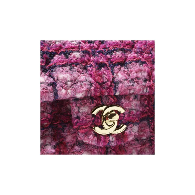 CHANEL Classic Flap CF Cotton Wool Mixed Fiber Shoulder Bag, Crossbody Bag Mini Women's Pink & Peach Pink & Marine Blue-3
