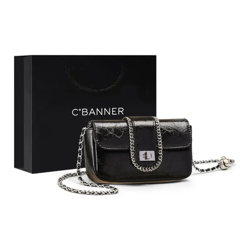 C°BANNER Cow Leather With Synthetic Leather Crossbody Small Square Bag, Chain Bag Regular Women's Silver/Black-6