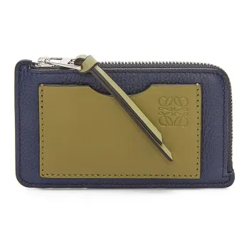 LOEWE Anagram Soft Grained Cow Leather Card Holder Women's Dark Blue With Olive Accents